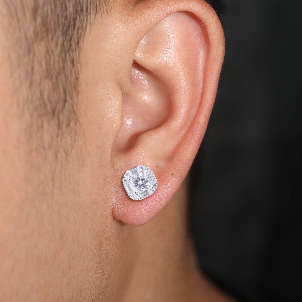 Baguette Halo Moissanite Stud Earrings
