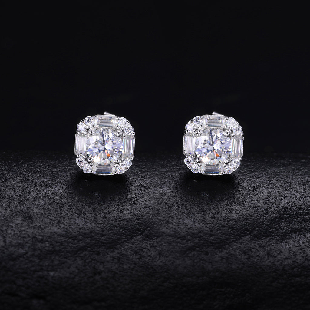 Baguette Halo Moissanite Stud Earrings