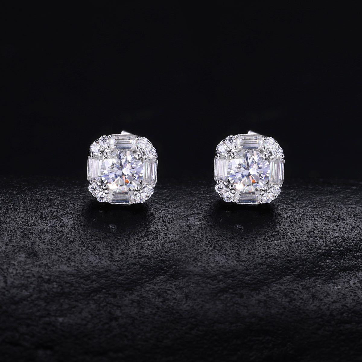 Baguette Halo Moissanite Stud Earrings
