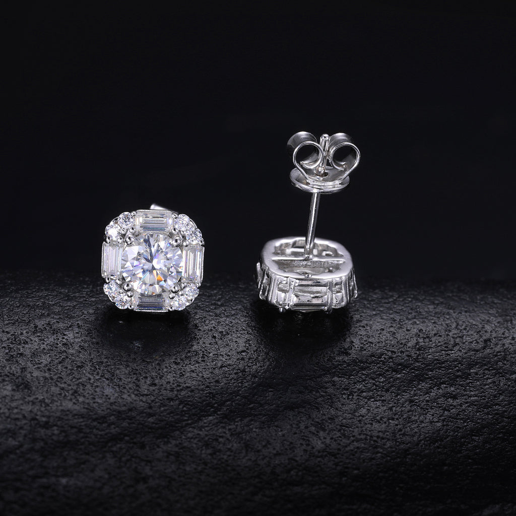 Baguette Halo Moissanite Stud Earrings