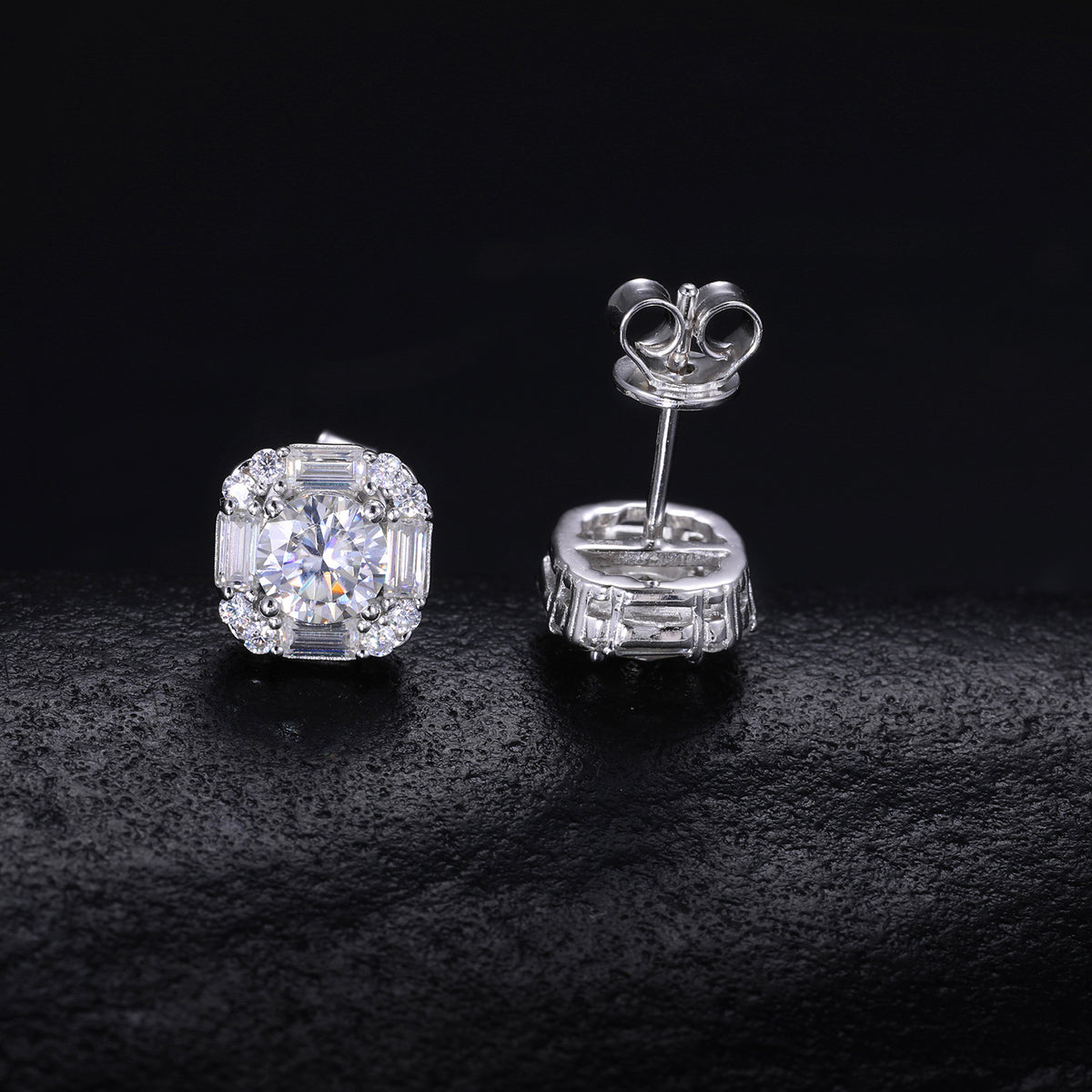 Baguette Halo Moissanite Stud Earrings