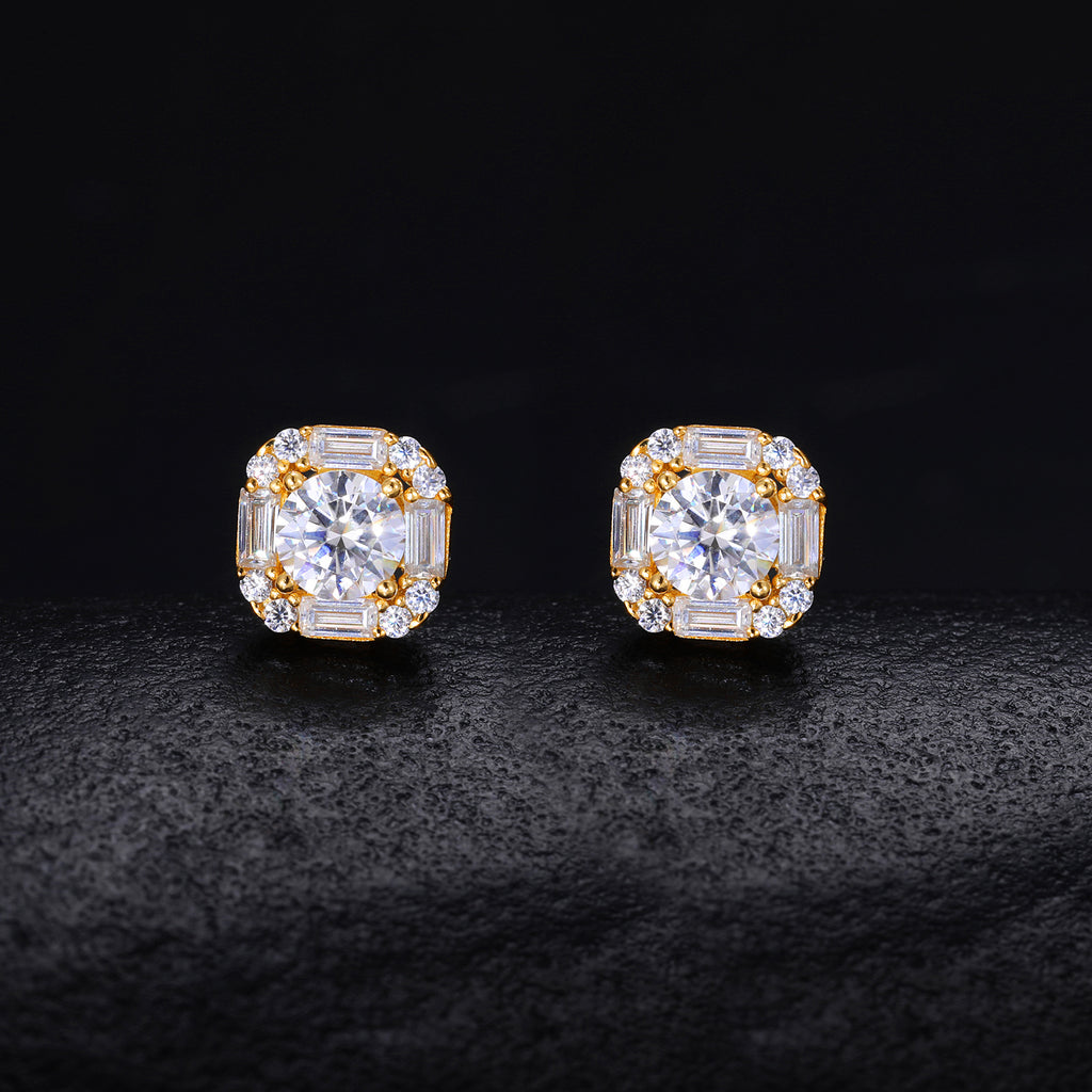 Baguette Halo Moissanite Stud Earrings