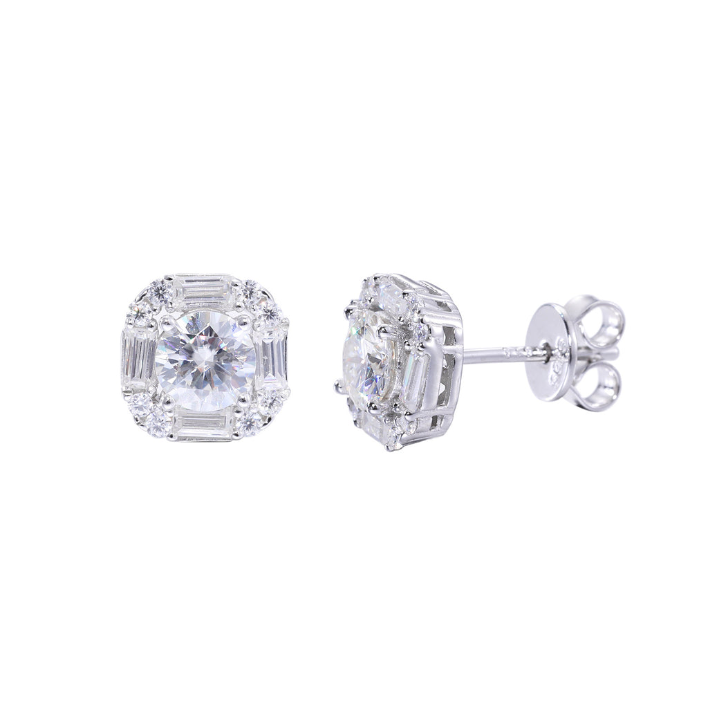 Baguette Halo Moissanite Stud Earrings