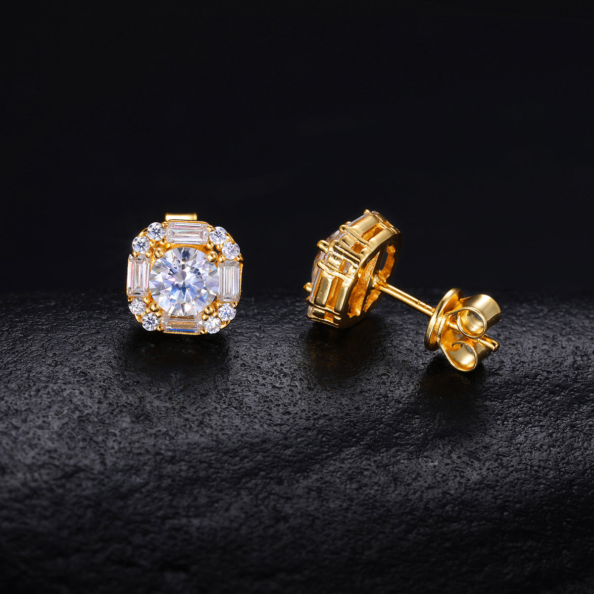 Baguette Halo Moissanite Stud Earrings